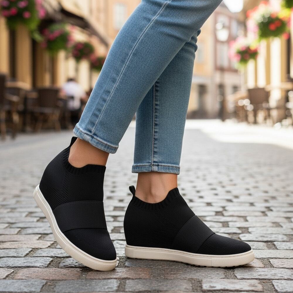 Material Girl Quila Sock Wedge Sneakers Black Solid Knit Slip-On Platform SZ 10